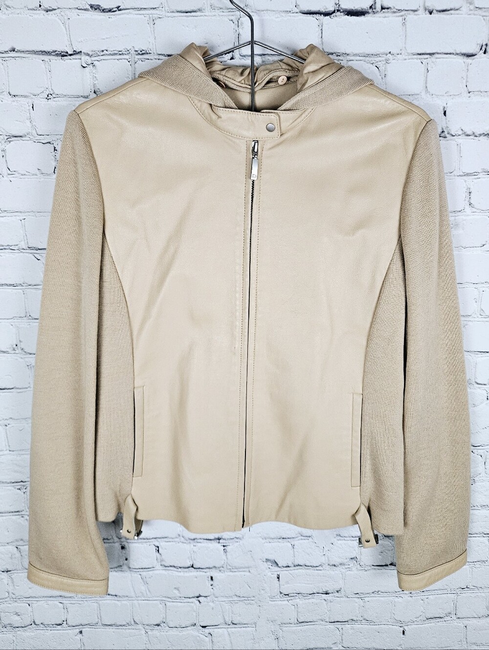 DANIER | genuine leather removable hood woven fabric detail lined zip jacket